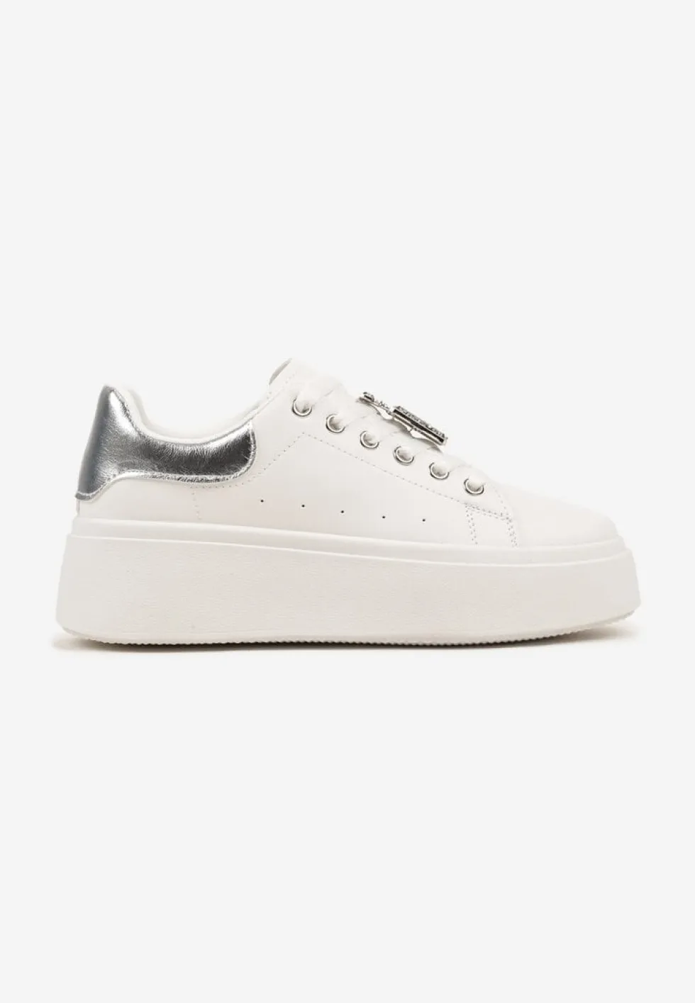 Biało-Srebrne Sneakersy na Platformie Ozdobione Cyrkoniami i Aplikacją 3D Daneria