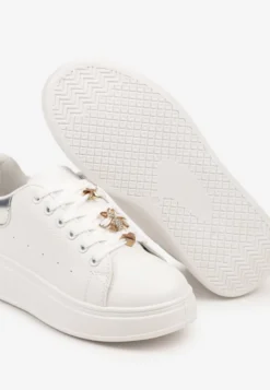 Biało-Srebrne Sneakersy na Platformie Wykończone Cyrkoniowymi Aplikacjami Vliorina