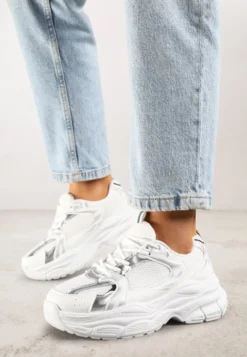 Biało-Srebrne Sneakersy Vices na Platformie Ozdobione Tłoczeniem Natiselle