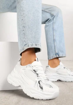 Biało-Srebrne Sneakersy Vices na Platformie Ozdobione Tłoczeniem Natiselle