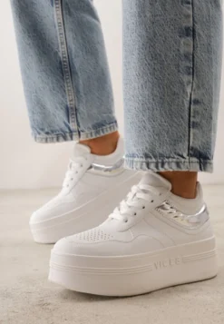 Biało-Srebrne Sneakersy VICES na Platformie Ozdobione Tłoczonym Napisem Berolla