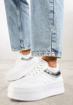 Biało-Srebrne Sneakersy Vices na Platformie z Tłoczonym Napisem ze Sznurowaniem Eanneth