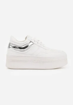 Biało-Srebrne Sneakersy Vices na Platformie z Tłoczonym Napisem ze Sznurowaniem Eanneth