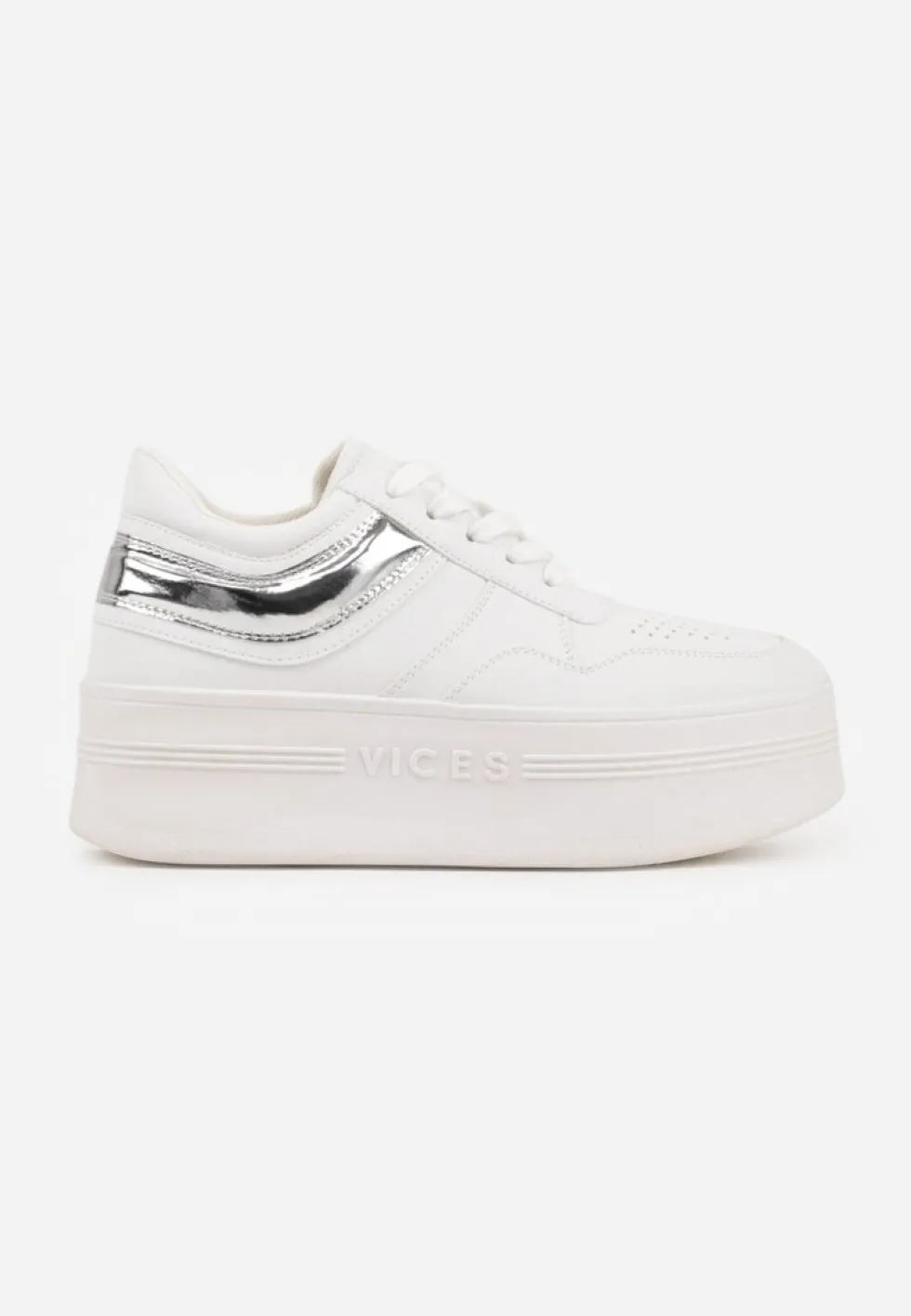 Biało-Srebrne Sneakersy Vices na Platformie z Tłoczonym Napisem ze Sznurowaniem Eanneth