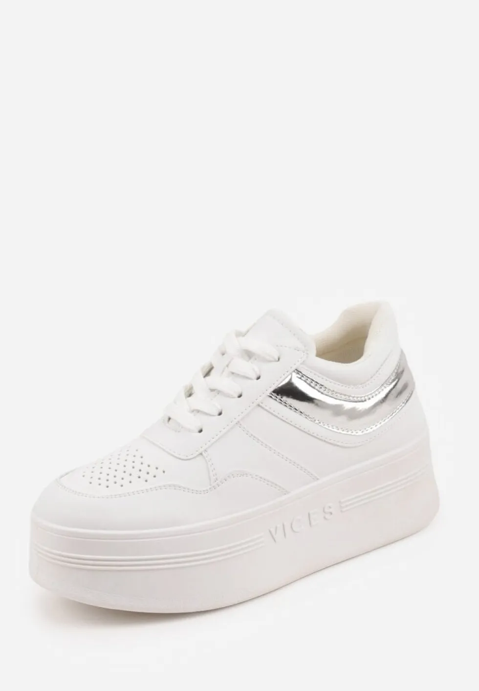 Biało-Srebrne Sneakersy Vices na Platformie z Tłoczonym Napisem ze Sznurowaniem Eanneth