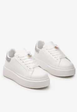Biało-Srebrne Sneakersy z Brokatową Wstawką i Cyrkonią przy Sznurówkach Wineta