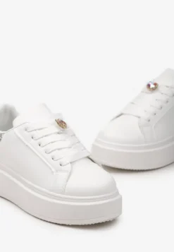 Biało-Srebrne Sneakersy z Brokatową Wstawką i Cyrkonią przy Sznurówkach Wineta