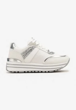 Biało-Srebrne Sneakersy z Brokatem na Ozdobnej Grubej Podeszwie Rilveia