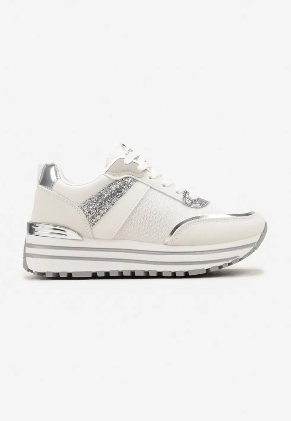 Biało-Srebrne Sneakersy z Brokatem na Ozdobnej Grubej Podeszwie Rilveia