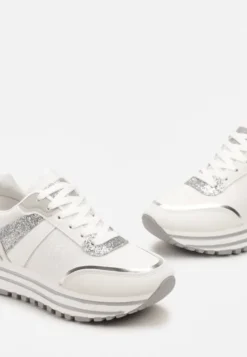 Biało-Srebrne Sneakersy z Brokatem na Ozdobnej Grubej Podeszwie Rilveia