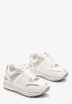 Biało-Srebrne Sneakersy z Brokatem na Ozdobnej Grubej Podeszwie Rilveia