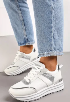 Biało-Srebrne Sneakersy z Brokatem na Ozdobnej Grubej Podeszwie Rilveia