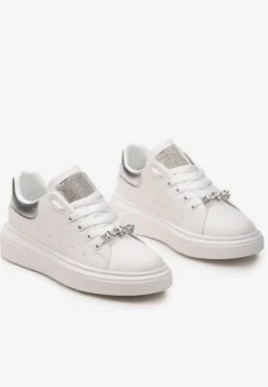 Biało-Srebrne Sneakersy z Cyrkoniami na Języku i Odpinaną Biżuteryjną Aplikacją na Sznurówkach Coletti