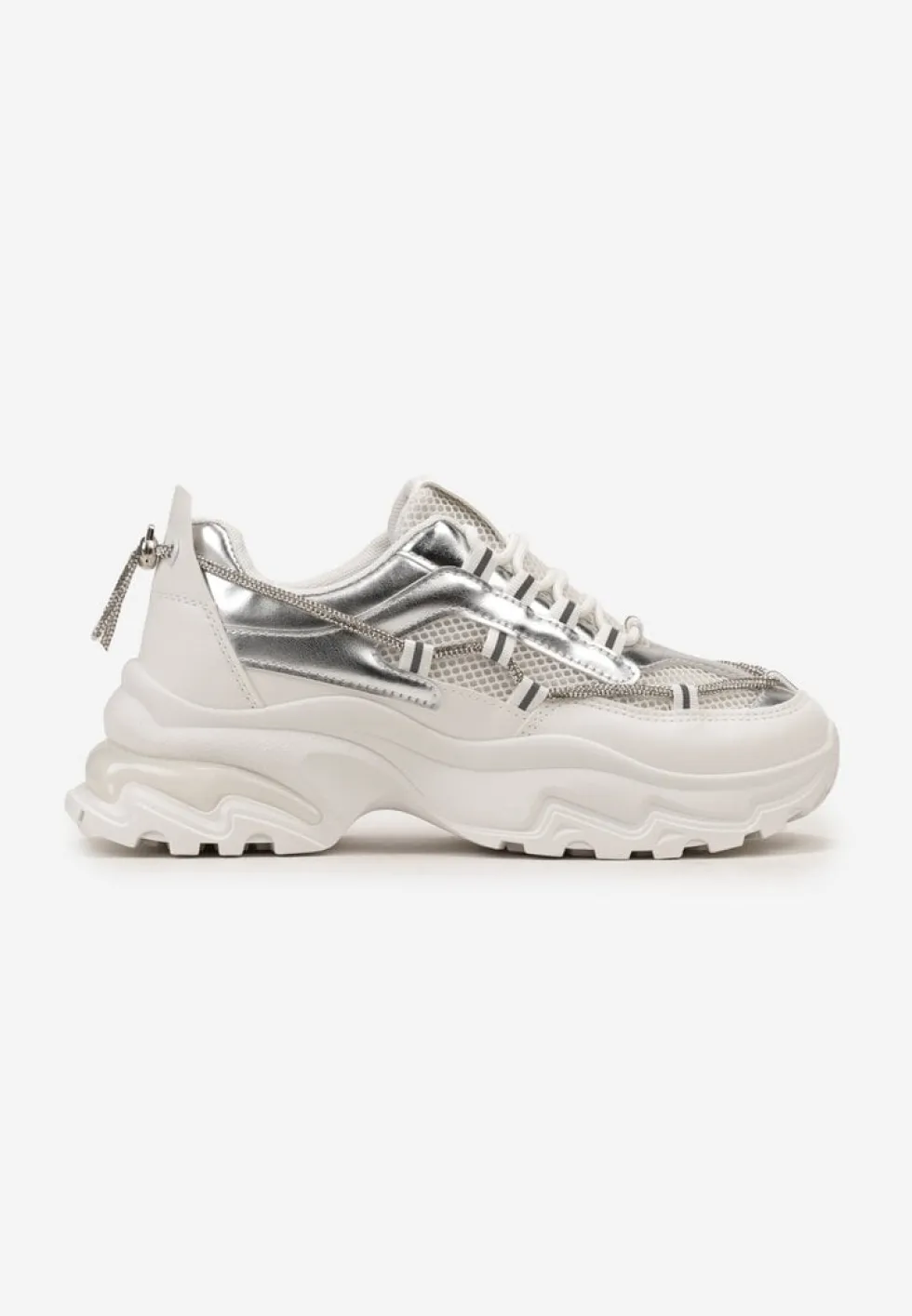 Biało-Srebrne Sneakersy z Metalicznymi Wstawkami na Niskiej Platformie z Ozdobnym Sznurkiem Oiriema