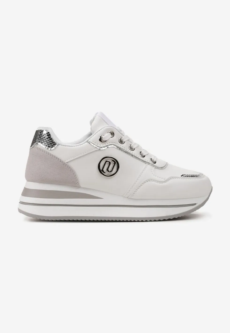 Biało-Srebrne Sneakersy z Okrągłą Naszywką i Platformą Viliera