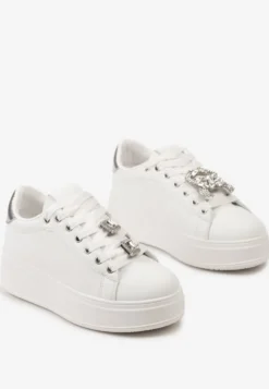 Biało-Srebrne Sneakersy z Platformą i Odpinanymi Biżuteryjnymi Aplikacjami na Sznurówkach Tamaki