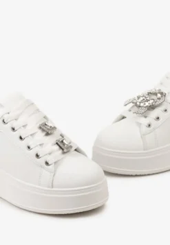 Biało-Srebrne Sneakersy z Platformą i Odpinanymi Biżuteryjnymi Aplikacjami na Sznurówkach Tamaki