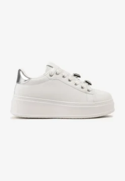 Biało-Srebrne Sneakersy z Platformą i Odpinanymi Biżuteryjnymi Aplikacjami na Sznurówkach Tamaki