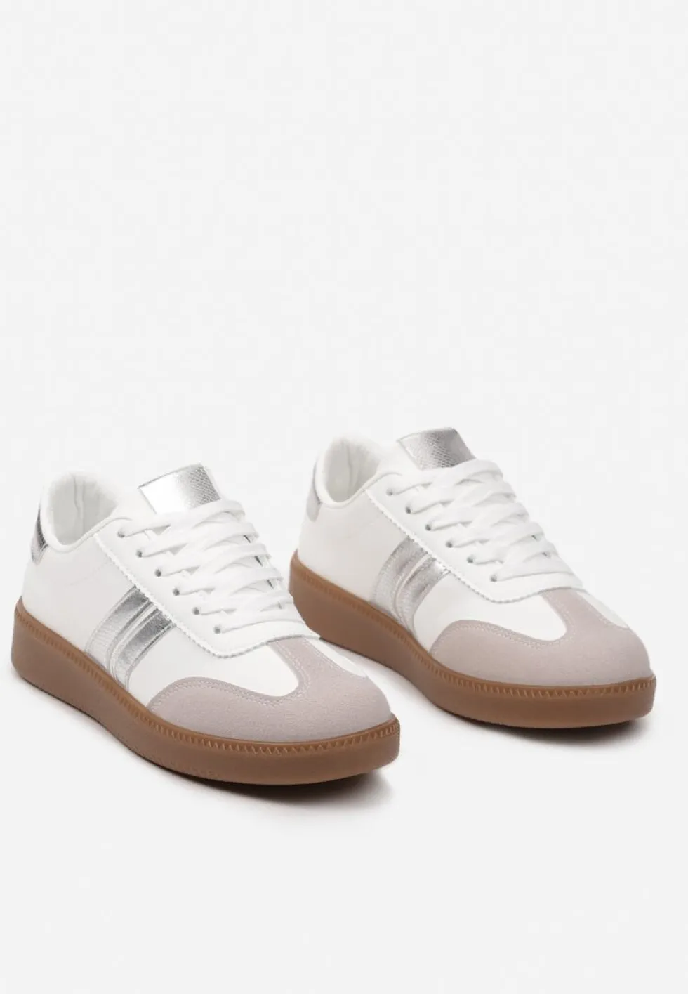 Biało-Srebrne Sznurowane Sneakersy Tenisówki z Kauczukową Podeszwą Gialessa