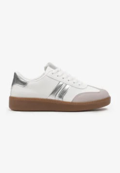Biało-Srebrne Sznurowane Sneakersy Tenisówki z Kauczukową Podeszwą Gialessa