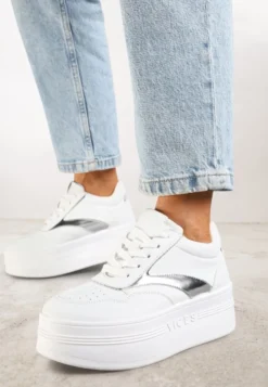 Biało-Srebrne Sznurowane Sneakersy Vices na Platformie z Metalicznymi Paskami Neliawen