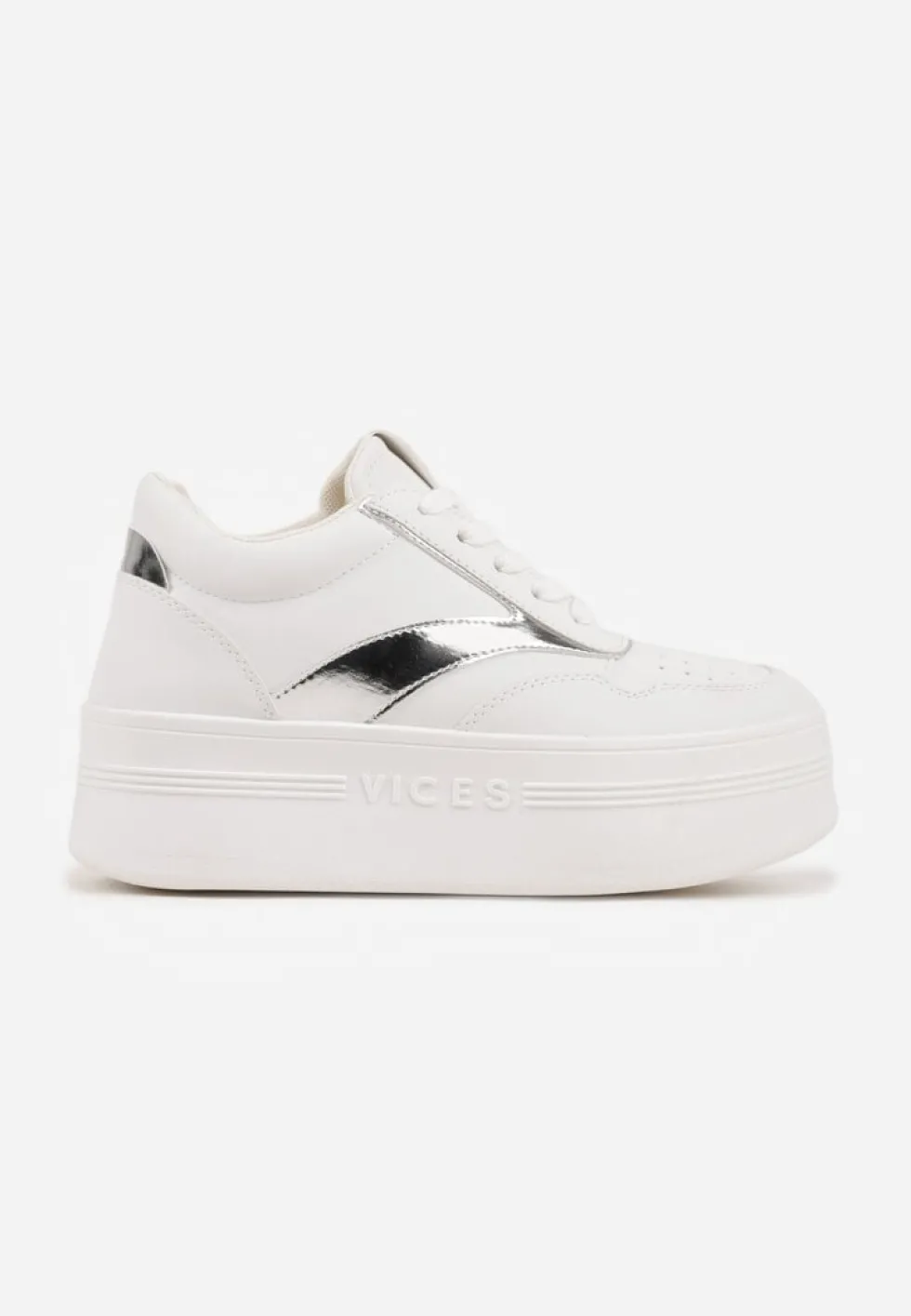 Biało-Srebrne Sznurowane Sneakersy Vices na Platformie z Metalicznymi Paskami Neliawen