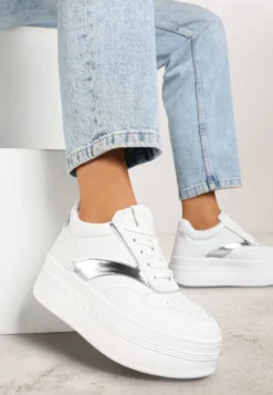 Biało-Srebrne Sznurowane Sneakersy Vices na Platformie z Metalicznymi Paskami Neliawen