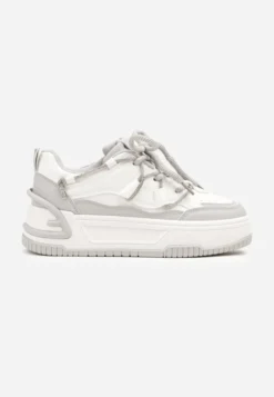 Biało-Szare Sneakersy na Platformie z Paskiem z Cyrkonii Aneolin