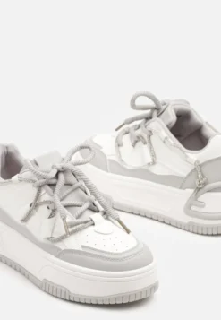 Biało-Szare Sneakersy na Platformie z Paskiem z Cyrkonii Aneolin