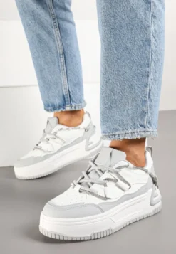 Biało-Szare Sneakersy na Platformie z Paskiem z Cyrkonii Aneolin