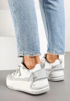 Biało-Szare Sneakersy na Platformie z Paskiem z Cyrkonii Aneolin