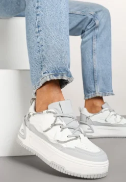 Biało-Szare Sneakersy na Platformie z Paskiem z Cyrkonii Aneolin