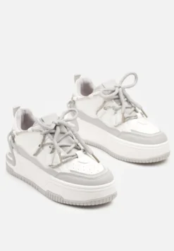 Biało-Szare Sneakersy na Platformie z Paskiem z Cyrkonii Aneolin