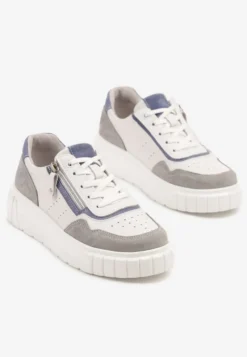 Biało-Szare Sneakersy ze Skóry Naturalnej z Ozdobnym Suwakiem Tilliraya