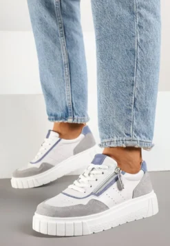 Biało-Szare Sneakersy ze Skóry Naturalnej z Ozdobnym Suwakiem Tilliraya