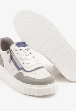 Biało-Szare Sneakersy ze Skóry Naturalnej z Ozdobnym Suwakiem Tilliraya