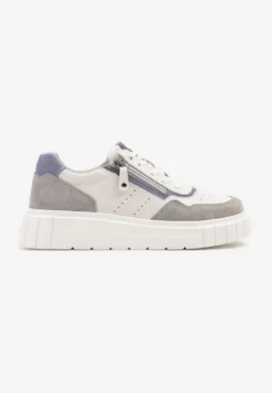 Biało-Szare Sneakersy ze Skóry Naturalnej z Ozdobnym Suwakiem Tilliraya