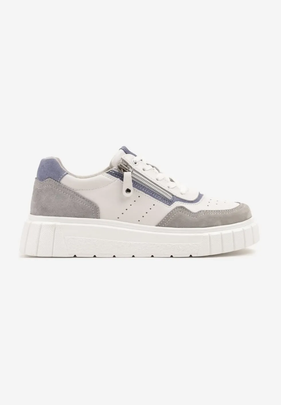 Biało-Szare Sneakersy ze Skóry Naturalnej z Ozdobnym Suwakiem Tilliraya