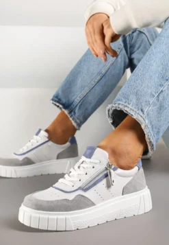 Biało-Szare Sneakersy ze Skóry Naturalnej z Ozdobnym Suwakiem Tilliraya