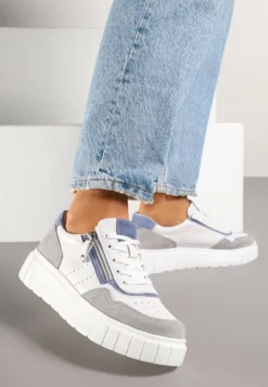 Biało-Szare Sneakersy ze Skóry Naturalnej z Ozdobnym Suwakiem Tilliraya