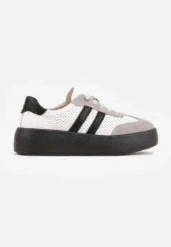 Biało-Szare Sneakersy ze Skóry Naturalnej na Platformie z Perforacją i Paskami Urevla