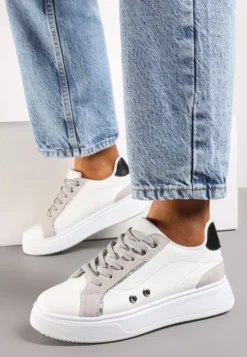 Biało-Szaro Sneakersy z Metalicznymi Wstawkami na Grubej Podeszwie Amoone