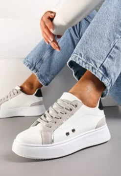 Biało-Szaro Sneakersy z Metalicznymi Wstawkami na Grubej Podeszwie Amoone