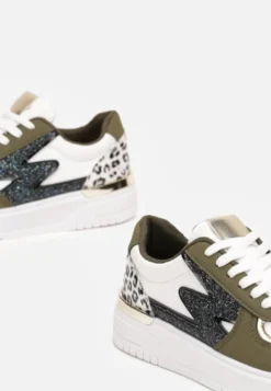 Biało-Zielone Płaskie Sneakersy z Metalową i Brokatową Wstawką Nebritta