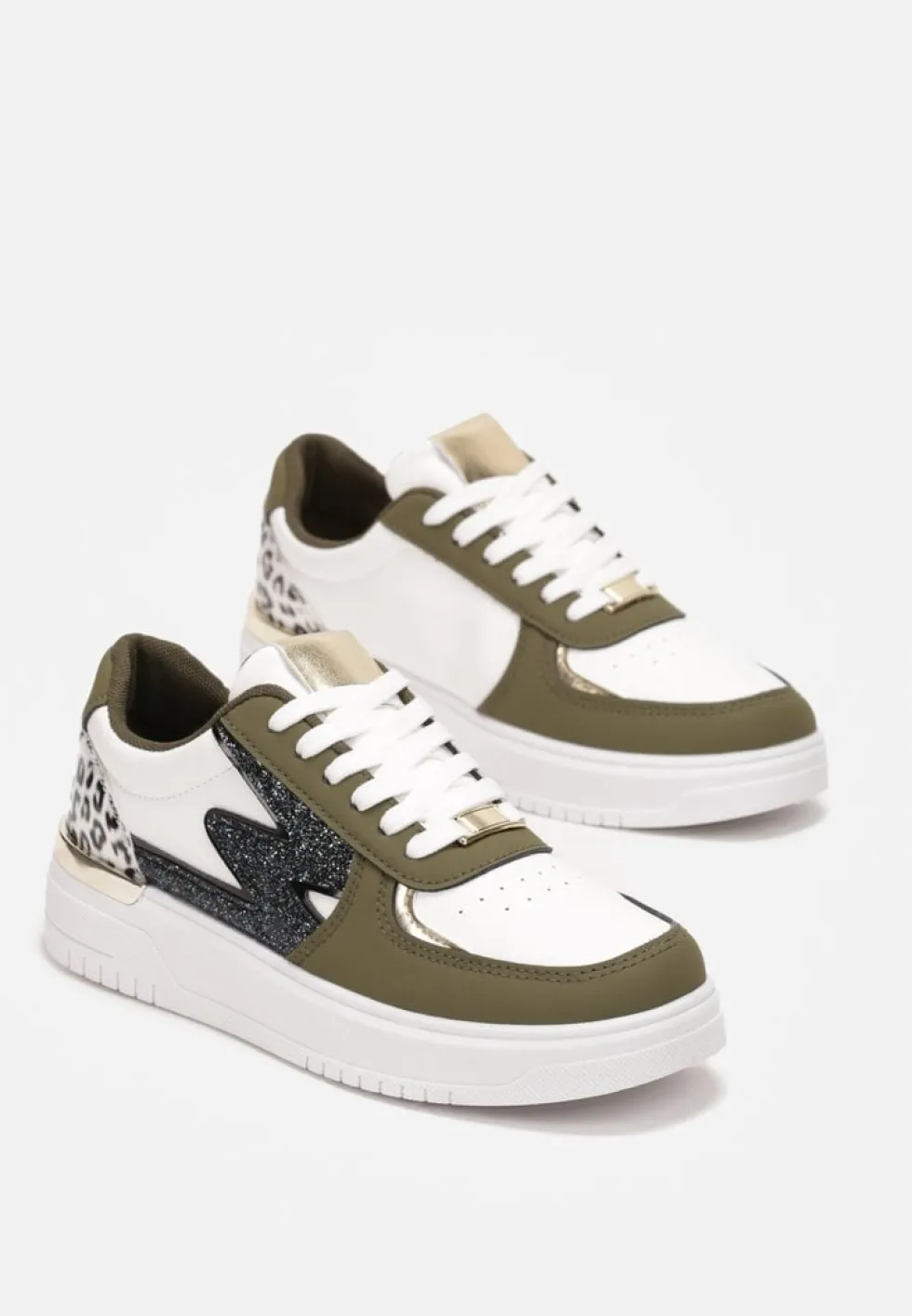 Biało-Zielone Płaskie Sneakersy z Metalową i Brokatową Wstawką Nebritta