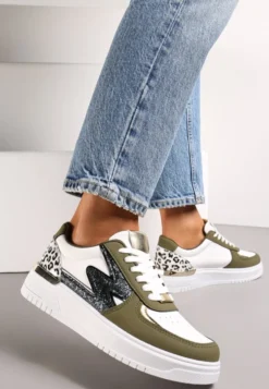 Biało-Zielone Płaskie Sneakersy z Metalową i Brokatową Wstawką Nebritta