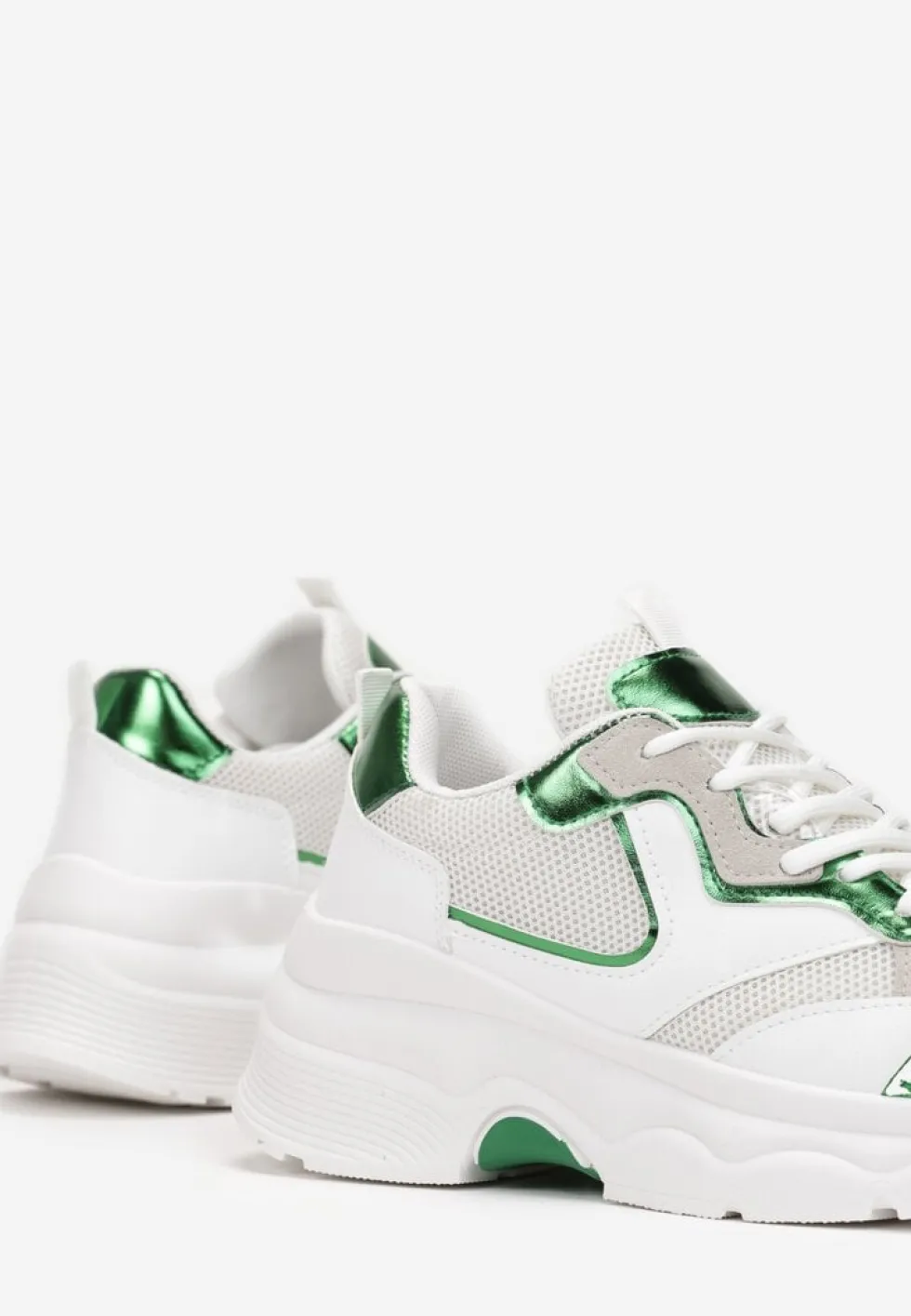 Biało-Zielone Sneakersy na Grubej Podeszwie ze Wstawkami z Perforacją Lanya