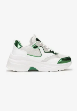 Biało-Zielone Sneakersy na Grubej Podeszwie ze Wstawkami z Perforacją Lanya
