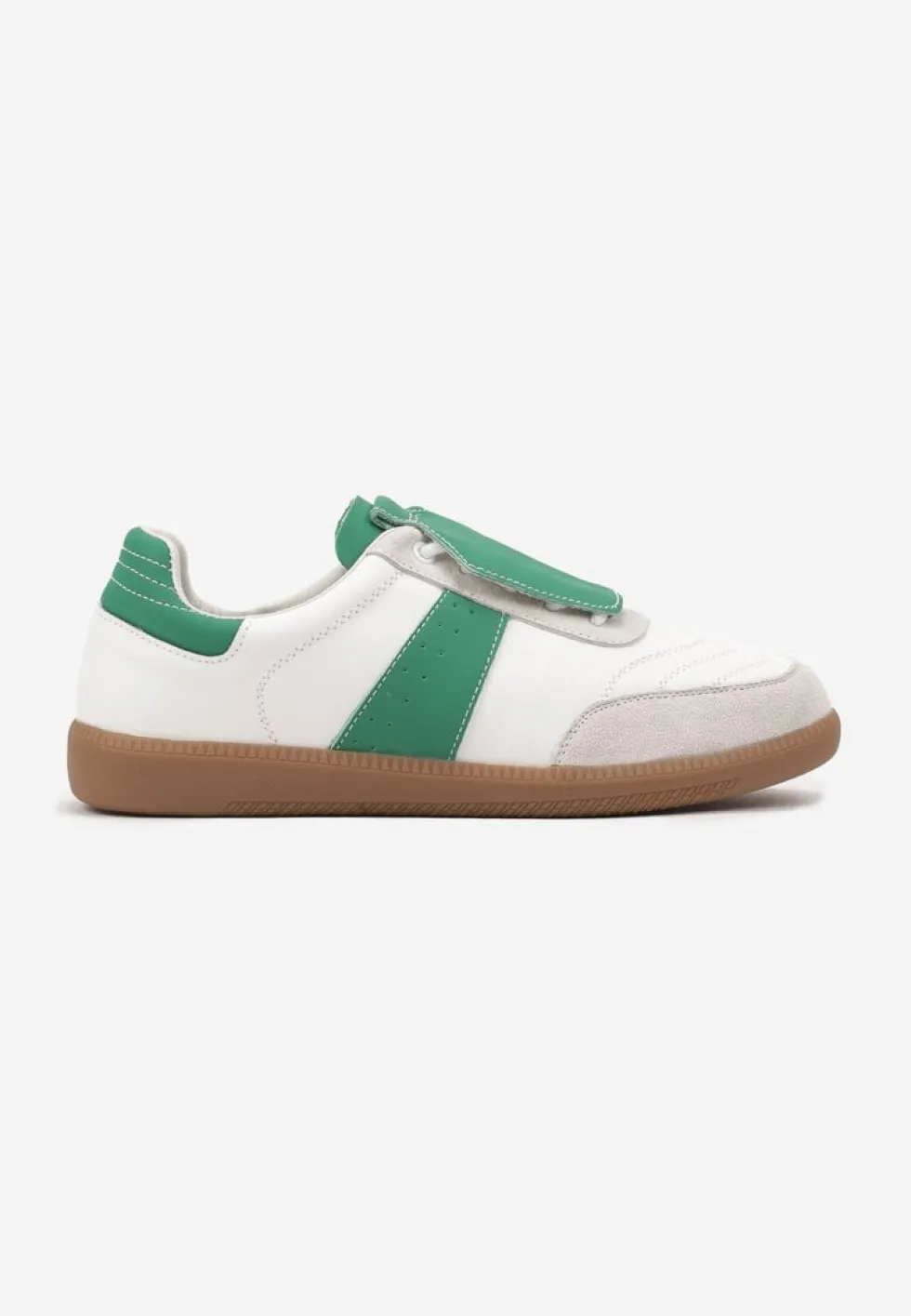 Biało-Zielone Sneakersy na Płaskiej Podeszwie ze Skóry Wykończone Zamszową Wstawką Milirae