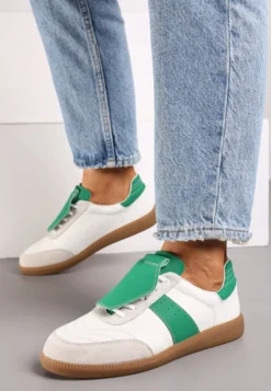 Biało-Zielone Sneakersy na Płaskiej Podeszwie ze Skóry Wykończone Zamszową Wstawką Milirae